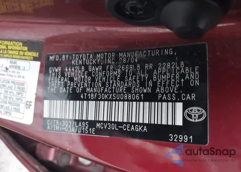 2005 Toyota Camry Xle V6 z USA, uszkodzony, nr VIN 4T1BF30KX5U088061